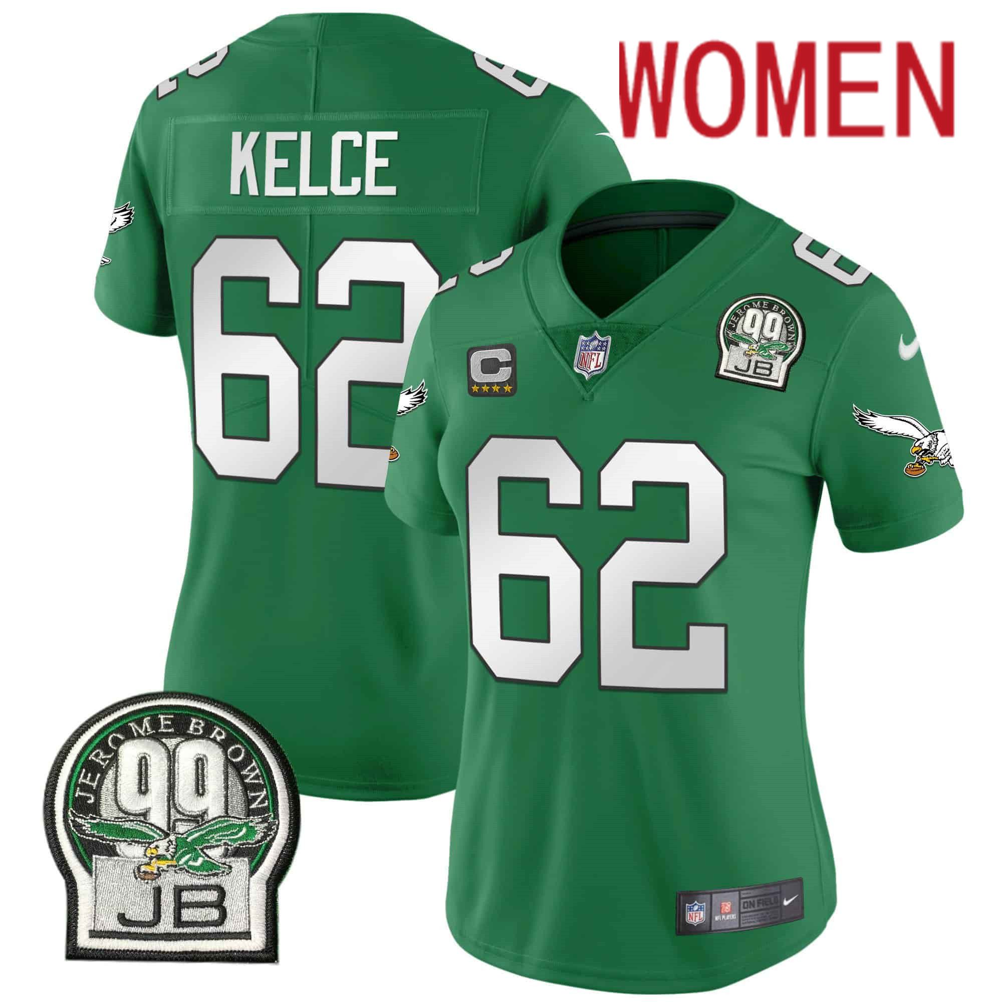 Women Philadelphia Eagles #62 Kelce Green 2024 Nike Jerome Brown Patch Alternate Limited NFL Jersey style 1->women nfl jersey->Women Jersey